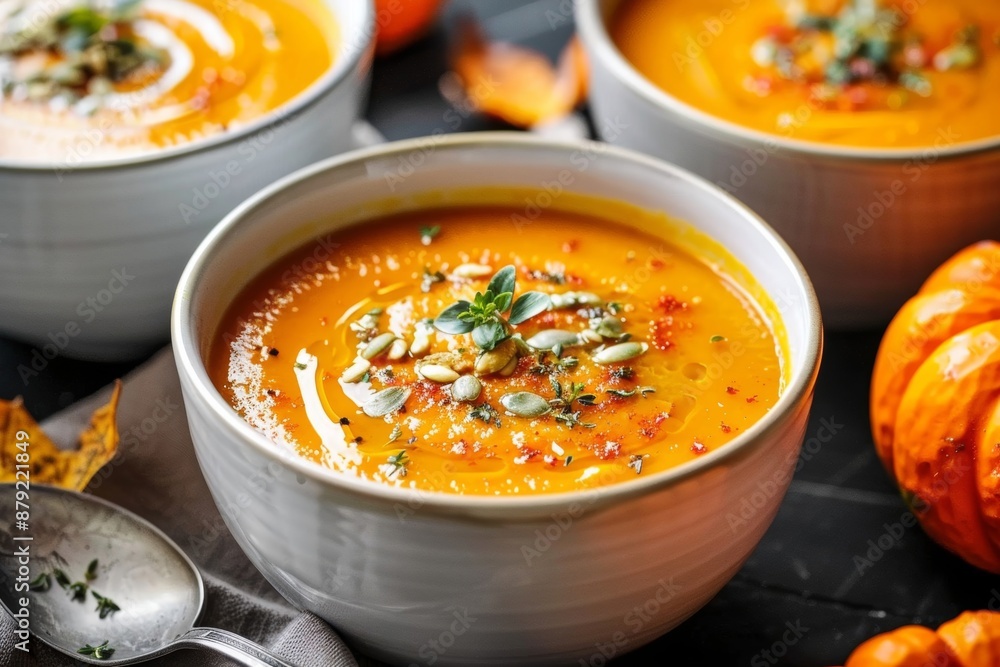 Rich pumpkin soup served on a rustic table Rich pumpkin soup served on a rustic table