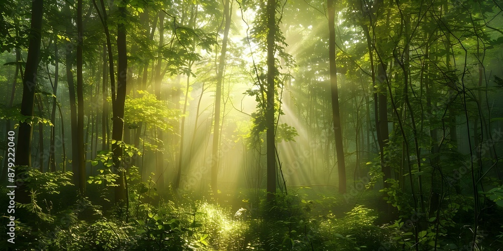 Morning Light in Misty Forest Creating a Serene and Mystical Atmosphere Among Trees. Concept Forest Photography, Morning Light, Serene Atmosphere, Misty Forest, Mystical Vibes Morning Light in Misty Forest Creating a Serene and Mystical Atmosphere Among Trees. Concept Forest Photography, Morning Light, Serene Atmosphere, Misty Forest, Mystical Vibes