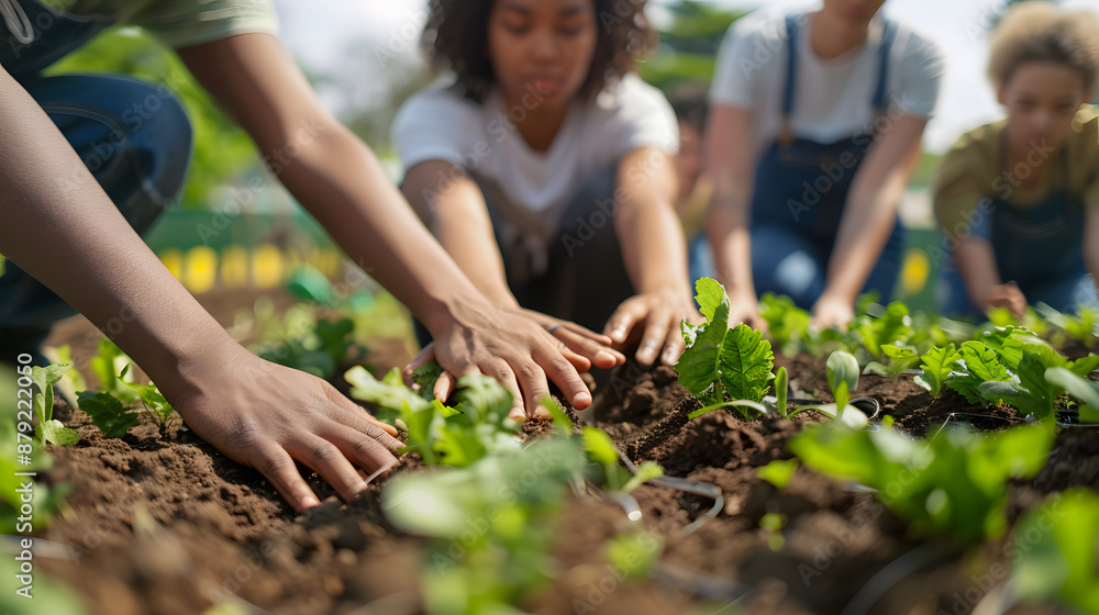 custom made wallpaper toronto digitalYoung, multiracial volunteers stacking hands in the middle of a community garden project. The background shows rows of young plants and gardening tools, symbolizing growth and collaboration