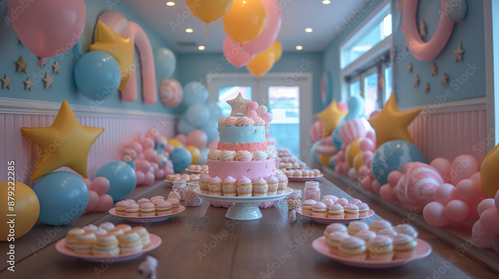 Bright birthday cake and other treats on table in decorated room. Festive table setting for birthday on celebratory decorations Bright birthday cake and other treats on table in decorated room. Festive table setting for birthday on celebratory decorations