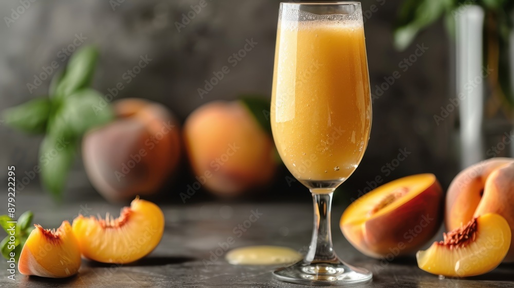 A refreshing glass of peach juice is depicted alongside ripe peaches and a few leaves, offering a tantalizing glimpse into the freshness and taste of this delicious summer beverage. A refreshing glass of peach juice is depicted alongside ripe peaches and a few leaves, offering a tantalizing glimpse into the freshness and taste of this delicious summer beverage.