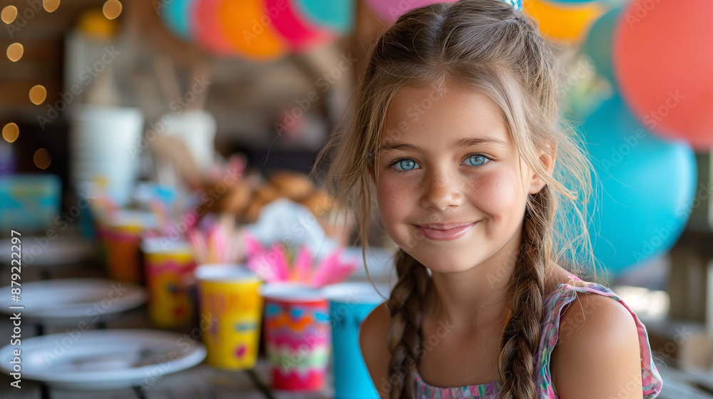 Portrait of joyful little girl at birthday party . Holidays concept Portrait of joyful little girl at birthday party . Holidays concept