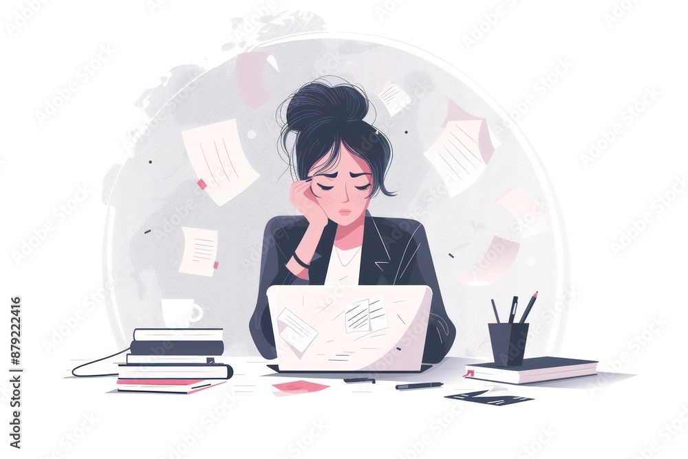 Illustration of a businesswoman stressed out at work. Depicting concept of struggling with mental health Illustration of a businesswoman stressed out at work. Depicting concept of struggling with mental health