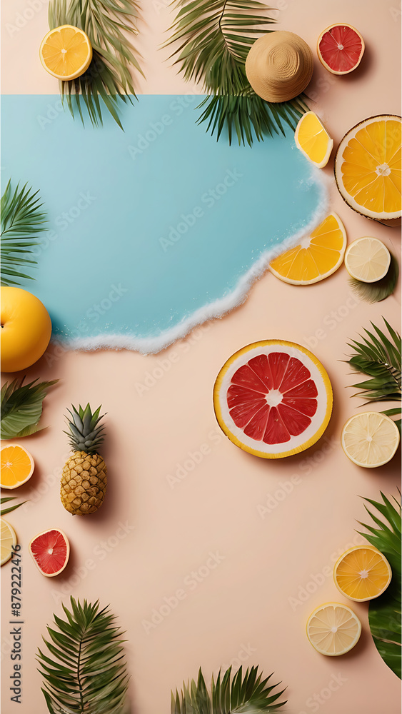Summer background, orange, blue and fruits Summer background, orange, blue and fruits