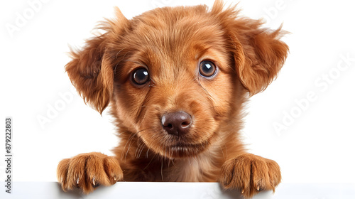 Puppy dog holding blank banner isolated on white background © Oksana