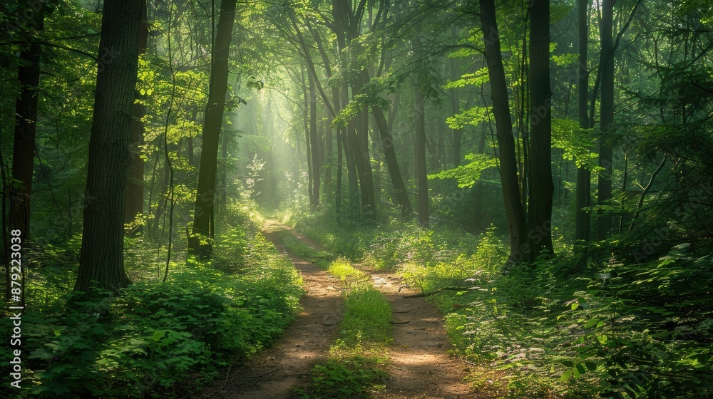 Green forest with tall trees, a winding path, sunlight filtering through the leaves Green forest with tall trees, a winding path, sunlight filtering through the leaves