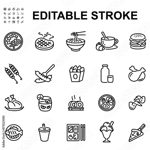 Collection of food and drink icons, made in thin line form.