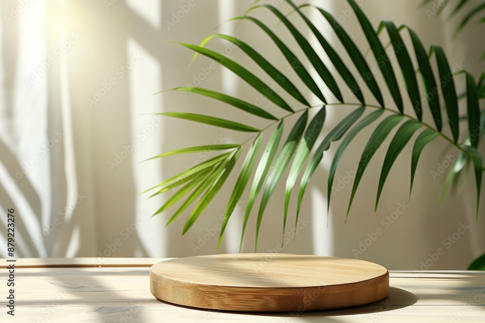 Minimal natural wood podium with green palm leaf with sunlight background. Minimal wooden stand Minimal natural wood podium with green palm leaf with sunlight background. Minimal wooden stand