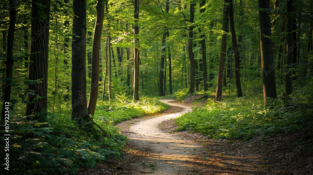 Fototapeta premium Green forest with tall trees, a winding path, sunlight filtering through the leaves