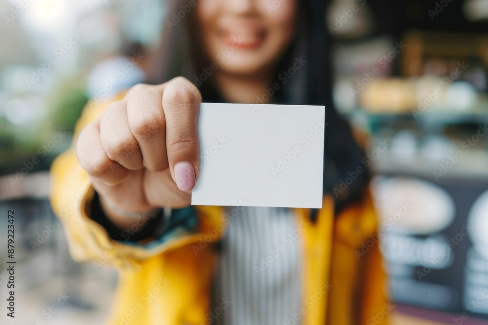 A Close-Up Portrait of a Smiling Woman Holding a Blank Card in a Cafe A Close-Up Portrait of a Smiling Woman Holding a Blank Card in a Cafe