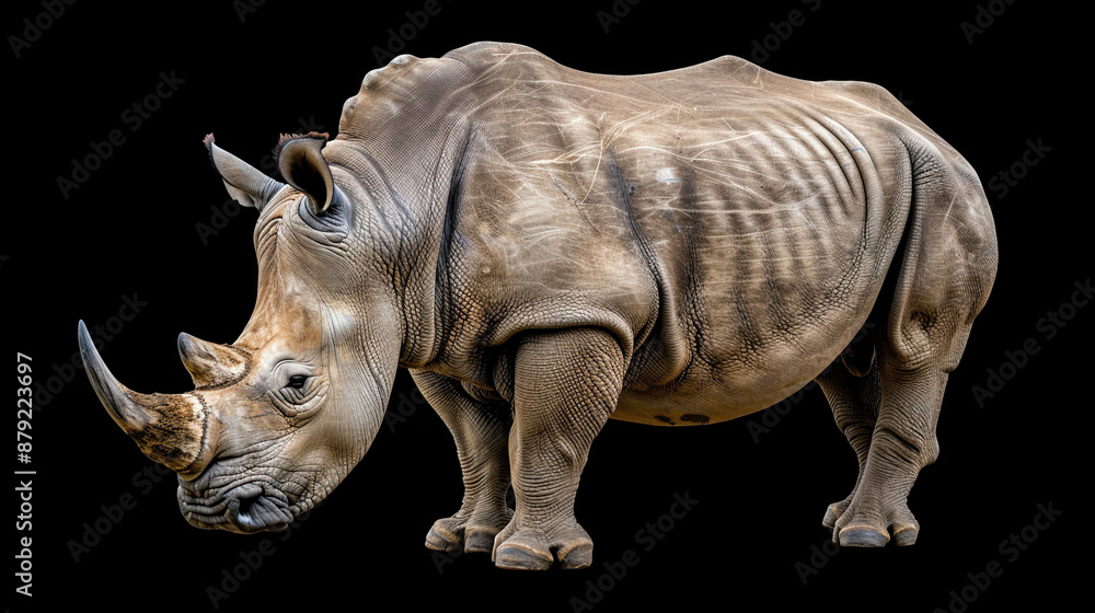 Fototapeta premium Black Rhino Isolated on Black Background: Majestic Wildlife, Powerful Animal, Endangered Species
