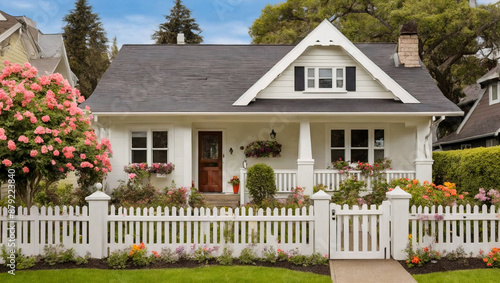 Charming bungalow with a white picket fence and blooming flowers in the front yard. 