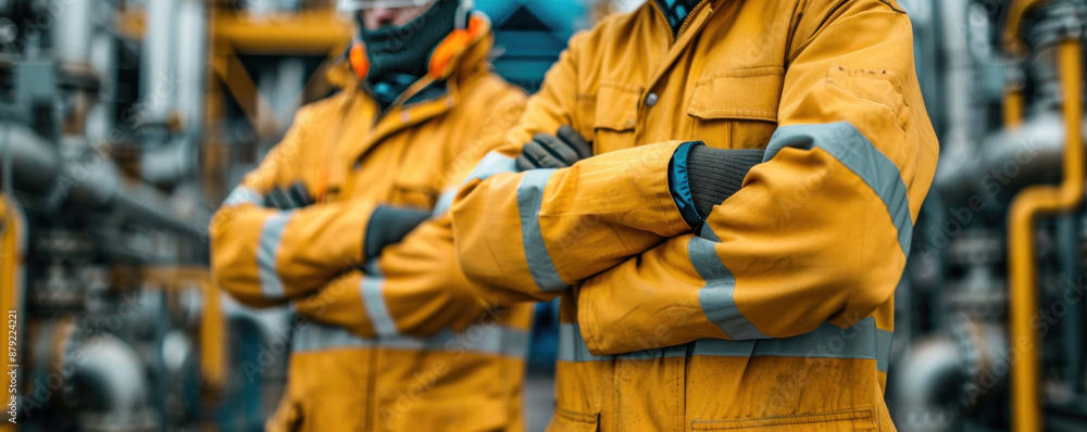 Two men in yellow jackets are standing next to each other. They are wearing gloves and have their arms crossed Two men in yellow jackets are standing next to each other. They are wearing gloves and have their arms crossed