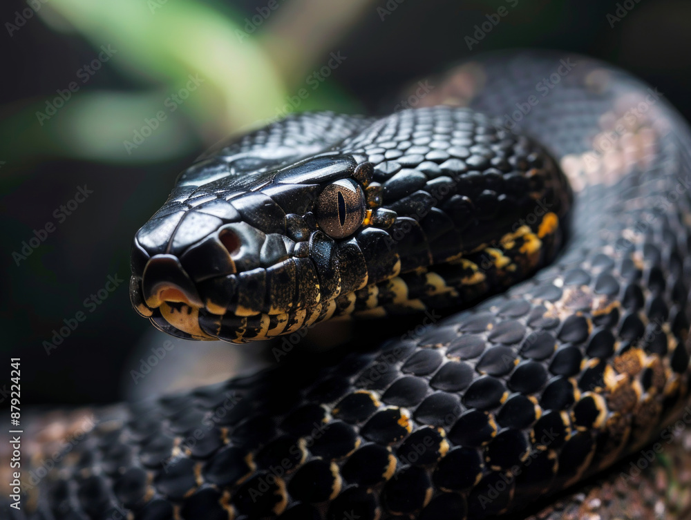 poster for the year of the snake 2025 according to the Chinese calendar. Huge black snake close-up in the forest poster for the year of the snake 2025 according to the Chinese calendar. Huge black snake close-up in the forest