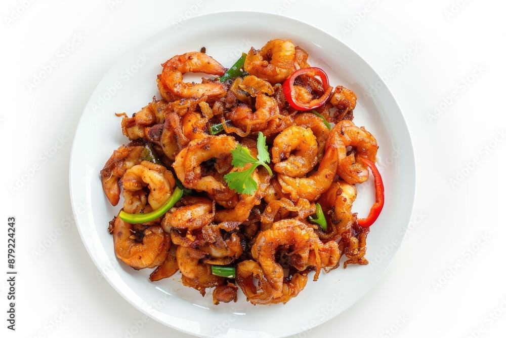 fried spicy shrimps served in white plate on white background sea food fried spicy shrimps served in white plate on white background sea food