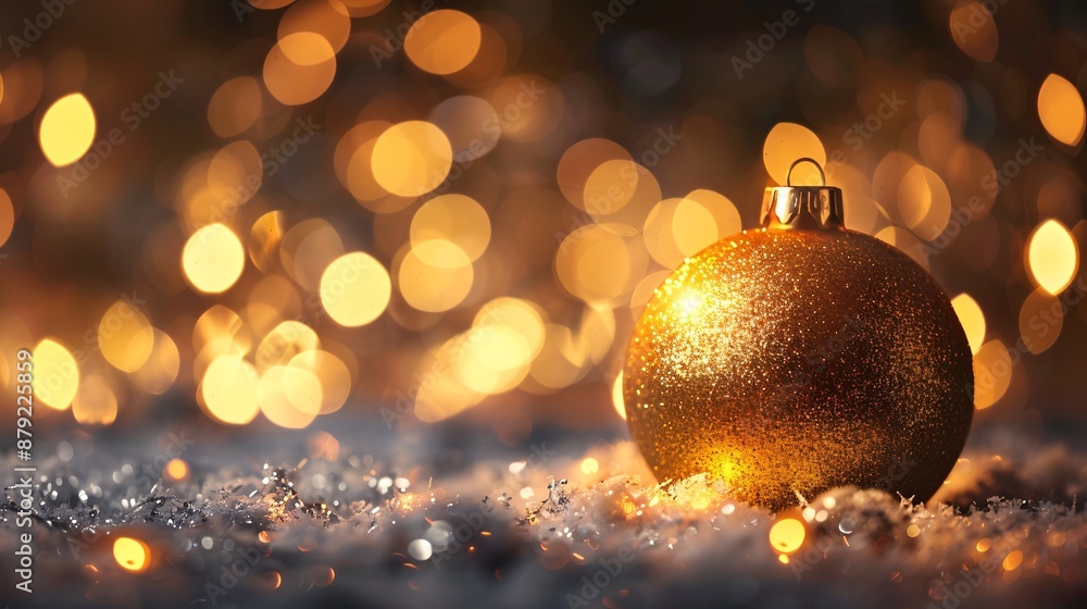 Golden Christmas ball luxuriously gleams against glowing bokeh backdrop Golden Christmas ball luxuriously gleams against glowing bokeh backdrop