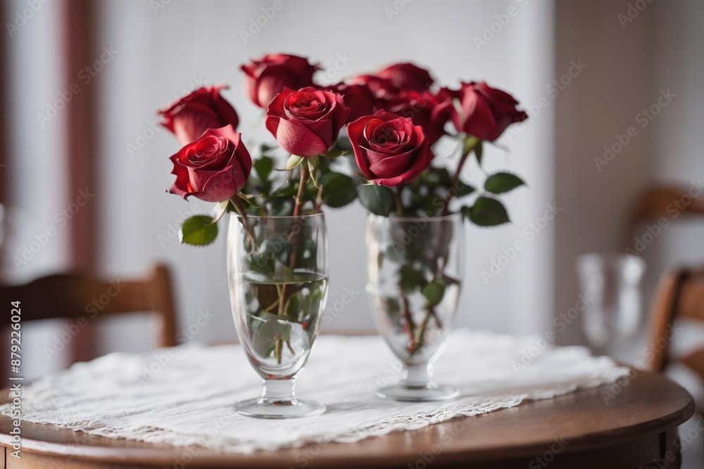 A vibrant bouquet of red roses adds a touch of love to a beautifully decorated table A vibrant bouquet of red roses adds a touch of love to a beautifully decorated table