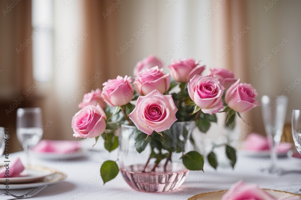 A vibrant bouquet of pink roses adds a touch of love to a beautifully decorated table A vibrant bouquet of pink roses adds a touch of love to a beautifully decorated table