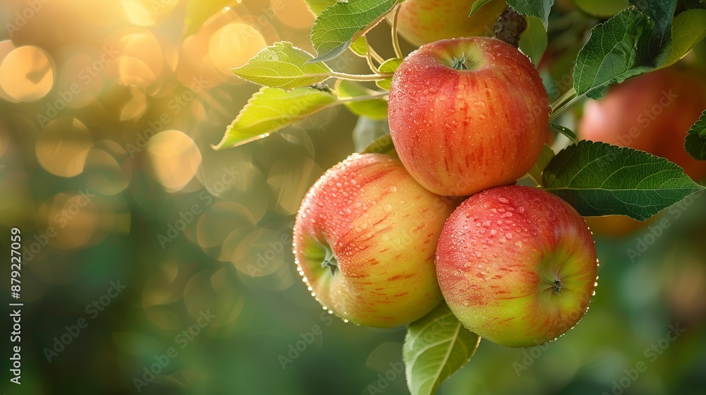 Ripe apples hanging on a tree branch in the morning sunlight, showcasing their rich red and yellow hues with a glossy, smooth texture. The green leaves around them Ripe apples hanging on a tree branch in the morning sunlight, showcasing their rich red and yellow hues with a glossy, smooth texture. The green leaves around them