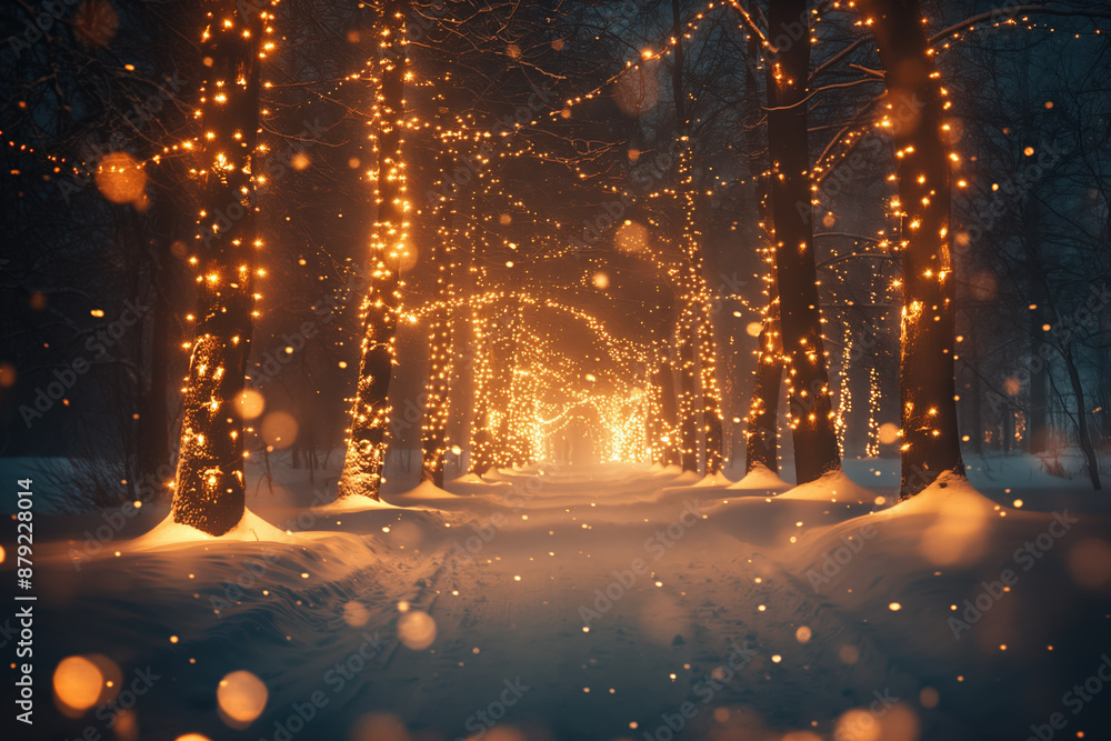 Snow falling on path lined with glowing trees at twilight Snow falling on path lined with glowing trees at twilight