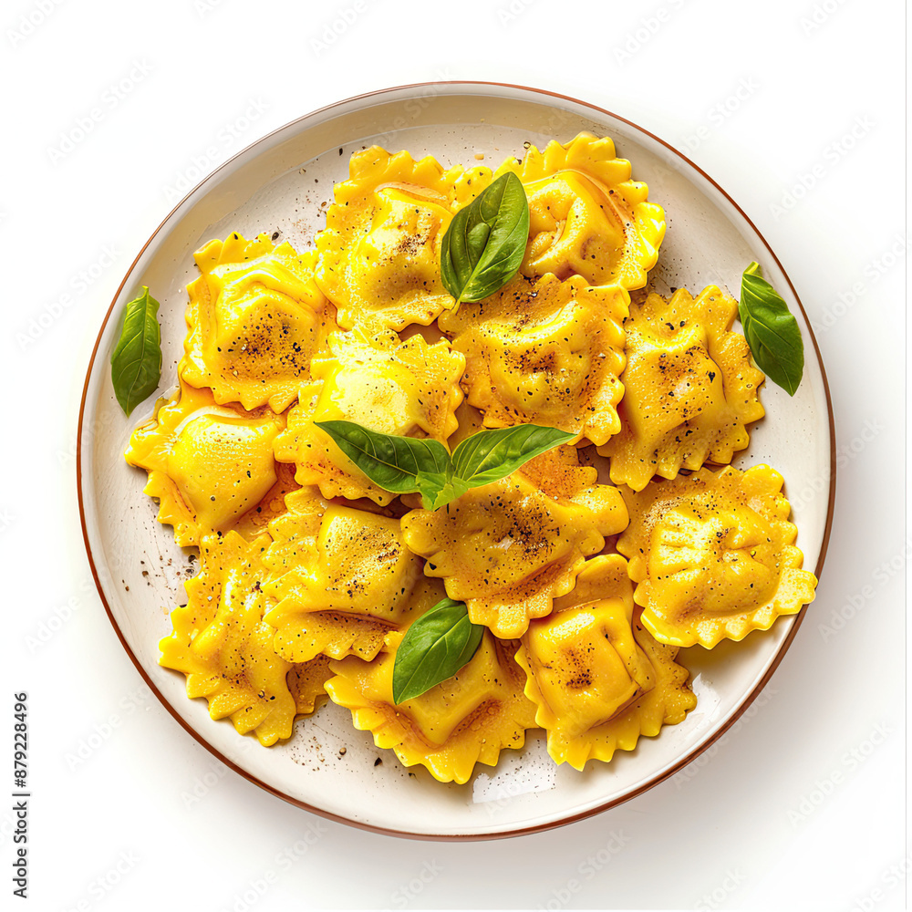 Delicious Plate of Pumpkin Ravioli Top View, Isolated on White Background: Italian Cuisine, Freshly Made Pasta, Autumn Flavors, Savory Dish Presentation, Culinary Delight, Traditional Recipe Delicious Plate of Pumpkin Ravioli Top View, Isolated on White Background: Italian Cuisine, Freshly Made Pasta, Autumn Flavors, Savory Dish Presentation, Culinary Delight, Traditional Recipe
