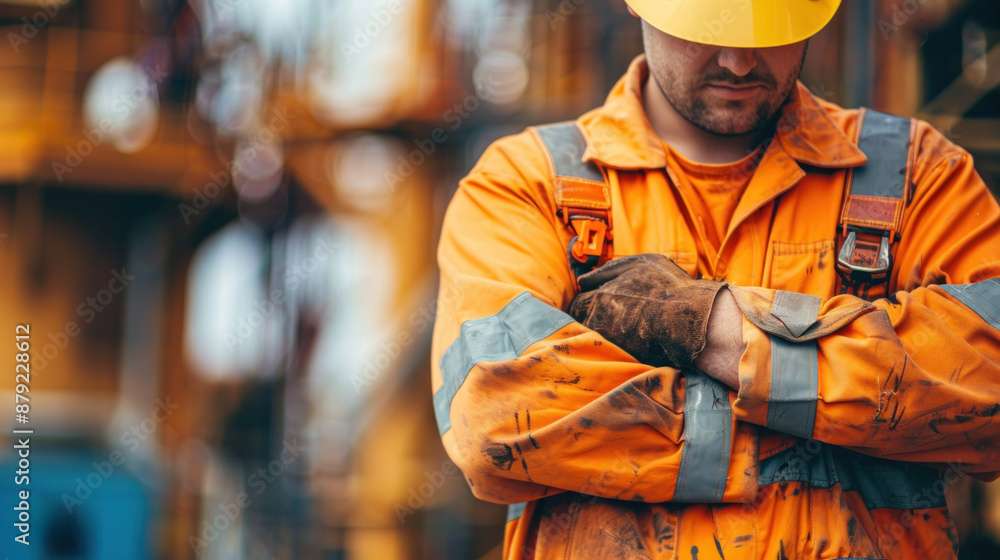 A man in an orange safety suit is wearing a yellow hard hat. He is standing with his arms crossed and looking away from the camera. Concept of caution and seriousness A man in an orange safety suit is wearing a yellow hard hat. He is standing with his arms crossed and looking away from the camera. Concept of caution and seriousness
