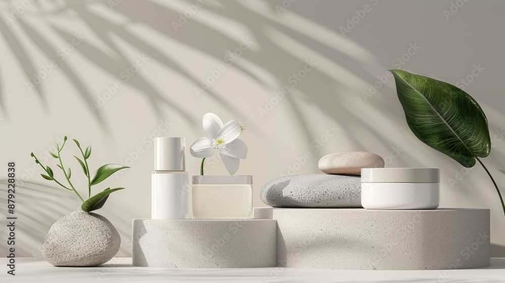 Cosmetic containers displayed on podium with stone and flower leaves Cosmetic containers displayed on podium with stone and flower leaves