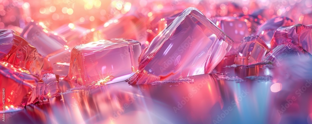 Close-up of sparkling pink and red jelly cubes, abstract background of colorful gelatin dessert. Close-up of sparkling pink and red jelly cubes, abstract background of colorful gelatin dessert.