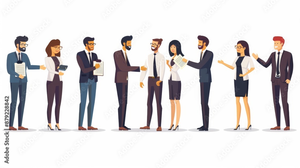 Obraz premium A modern set of characters depicting business people shaking hands, negotiating, meeting, concluding transactions, contracts, and agreements.