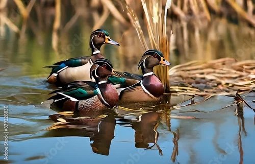 Wildlife Landscapes Animation. Graceful Wood Ducks Gliding on Pond. Reflections in Water, Reeds, and Sky. Discover the Elegance of the Wood Duck in This Dynamic Video. photo