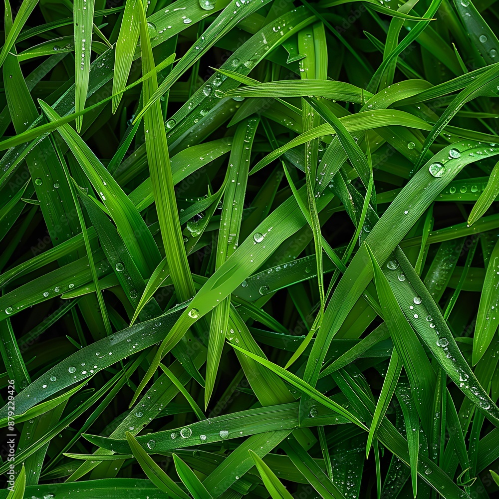 Obraz premium Close-up of Fresh Green Grass with Dew Drops in the Morning 