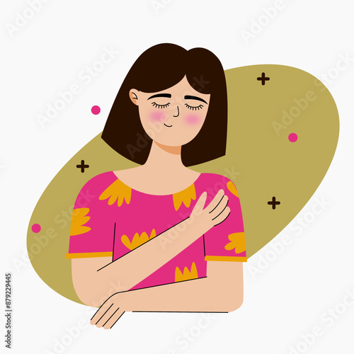 Flat character illustration of self love girl. Girl holds herself and be yourself. Mental health illustration icon.