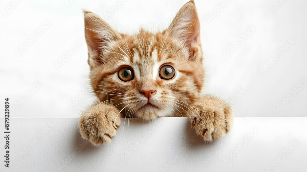 Cute kitten holding blank banner isolated on white background Cute kitten holding blank banner isolated on white background