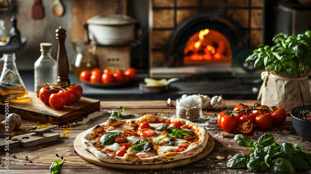 A rustic Italian kitchen with a wood-fired oven, baking a perfectly crispy margherita pizza with melted mozzarella A rustic Italian kitchen with a wood-fired oven, baking a perfectly crispy margherita pizza with melted mozzarella