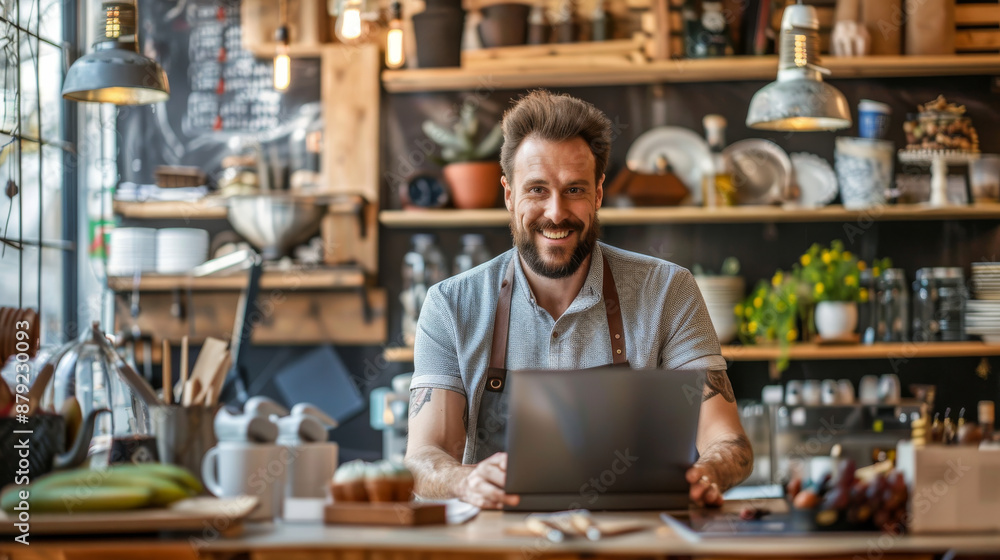 A man is smiling and holding a laptop in front of a kitchen counter A man is smiling and holding a laptop in front of a kitchen counter