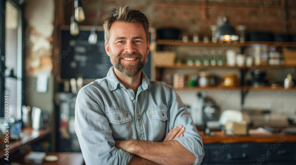 A man with a beard is smiling and posing for a picture in a kitchen A man with a beard is smiling and posing for a picture in a kitchen