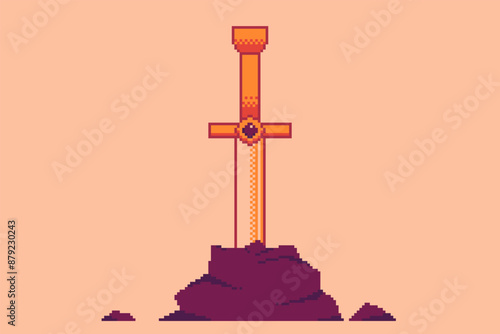 Excalibur Sword on the Stone, Pixel Art Style Illustration