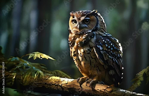 Wildlife Landscapes Animation. Mysterious Spotted Owl Perched on Branch in Dimly Lit Forest. Dappled Light,Mysterious Atmosphere. Discover the Enigmatic Beauty of the Spotted Owl in This Dynamic Video photo