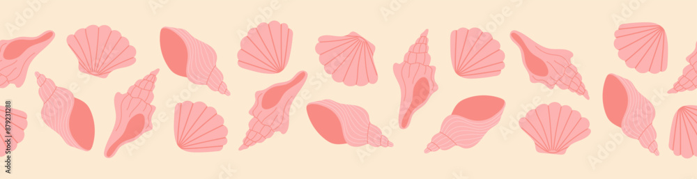 Seamless border with hand drawn pink seashell on light pink background. Template for print, fabric, greeting card and invitation. Vector illustration Seamless border with hand drawn pink seashell on light pink background. Template for print, fabric, greeting card and invitation. Vector illustration