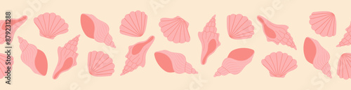 Seamless border with hand drawn pink seashell on light pink background. Template for print, fabric, greeting card and invitation. Vector illustration