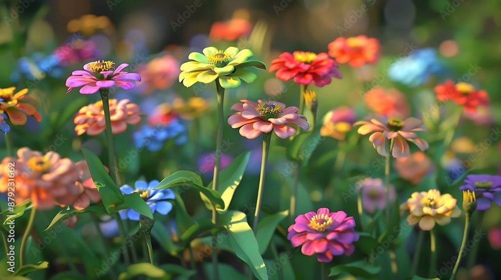 An original floral shot shows an area full of rainbow zinnia flowers very detailed and realistic shape An original floral shot shows an area full of rainbow zinnia flowers very detailed and realistic shape