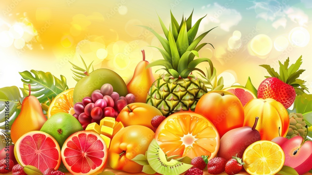 Colorful of fresh fruit, beautifully arranged with a mix of tropical and seasonal fruits Colorful of fresh fruit, beautifully arranged with a mix of tropical and seasonal fruits