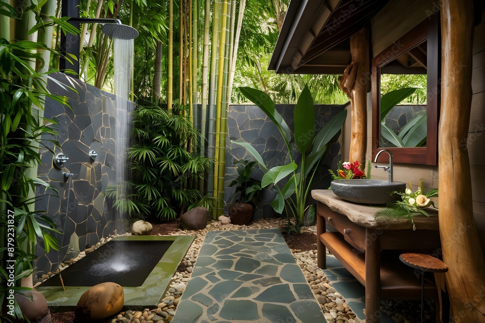 Fototapeta premium Outdoor shower spa bamboo nature relaxation zen eco-friendly paradise greenery indulgence