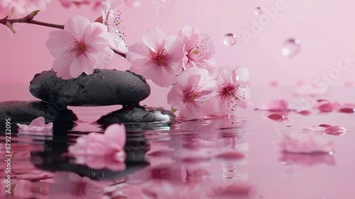 Zen stones, water, and Japanese cherry blossoms on a pink background with copy space. Wellness and harmony, massage and body care, spa and wellness concept.