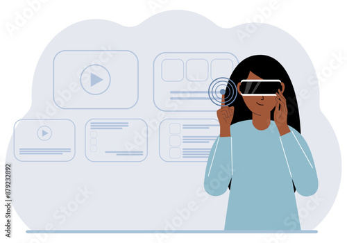 A woman wearing a virtual reality headset studies, works, plays and works. Vector flat illustration