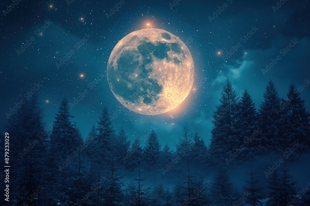 Bright full moon shining over snowy coniferous forest Bright full moon shining over snowy coniferous forest