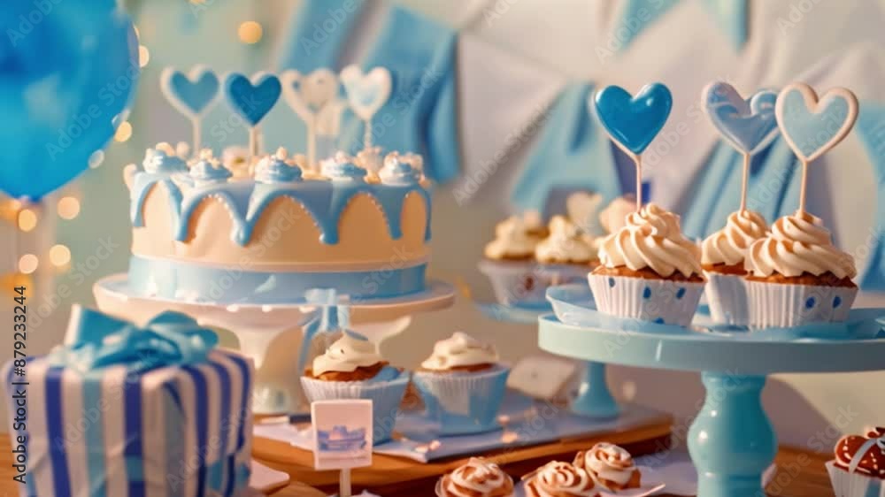 A close-up view of a dessert table at a baby shower, featuring blue and white decorations, cupcakes, and a cake. A close-up view of a dessert table at a baby shower, featuring blue and white decorations, cupcakes, and a cake.
