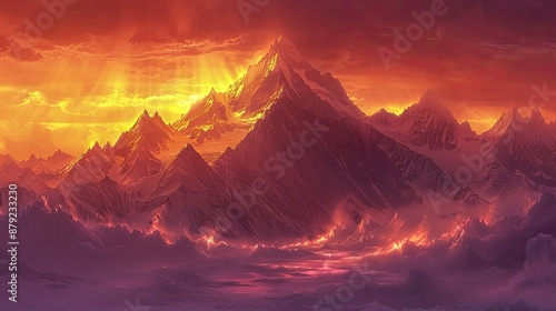 Glowing sunset casting warm light on mountains