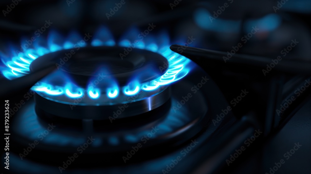 сlose up of a kitchen burning gas stove with blue fire flame сlose up of a kitchen burning gas stove with blue fire flame