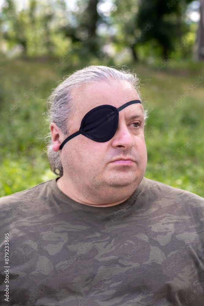 Close-up portrait of a blind, visually impaired man with a black medical patch on his eye Close-up portrait of a blind, visually impaired man with a black medical patch on his eye